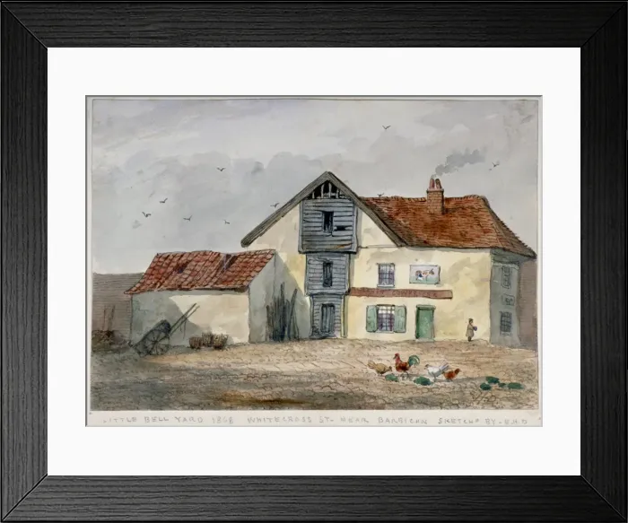 Framed Print : View of Little Bell Yard, Whitecross Street, with chickens in the foreground, London, 1868 Framed Print : View of Little Bell Yard, Whitecross Street, with chickens in the foreground, London, 1868