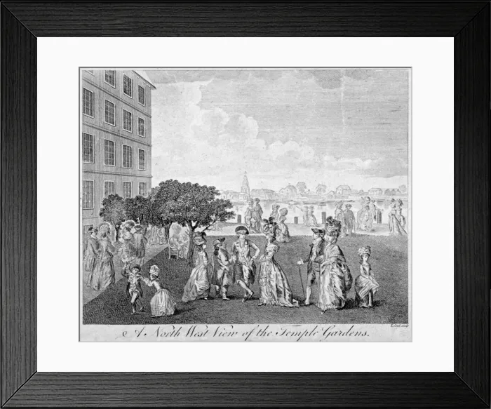 Framed Print : North-west view of Temple Gardens with figures walking and children playing, City of London, c1750 Framed Print : North-west view of Temple Gardens with figures walking and children playing, City of London, c1750