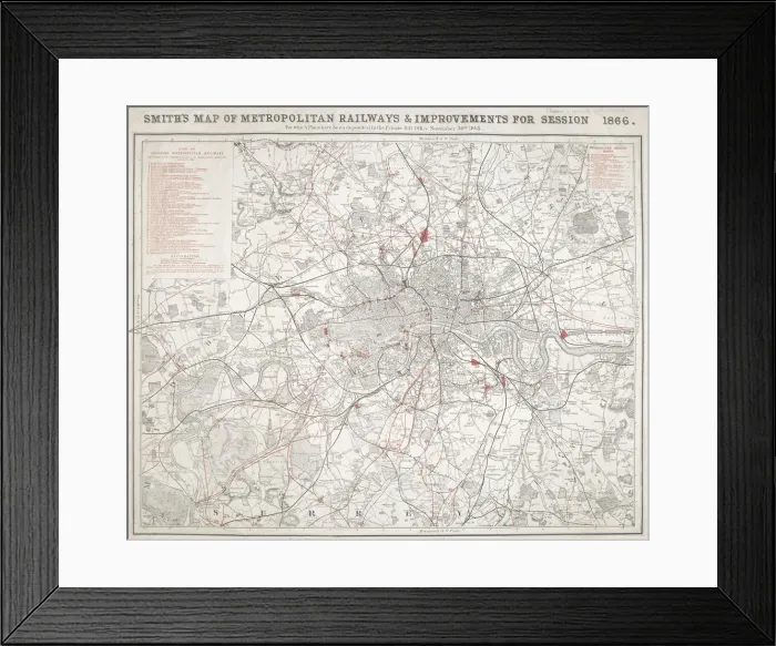 Framed Print : Map of Greater London showing the Metropolitan Railways and improvements in 1866 Framed Print : Map of Greater London showing the Metropolitan Railways and improvements in 1866