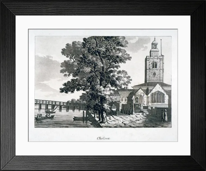 Framed Print : View of Chelsea Old Church with the River Thames on the left, London, c1800 Framed Print : View of Chelsea Old Church with the River Thames on the left, London, c1800