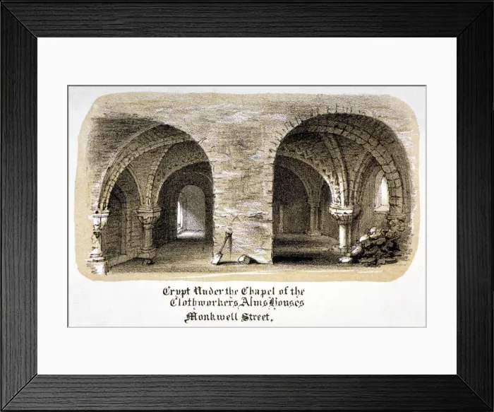 Framed Print : Crypt under the Chapel of the Clothworkers Almshouses, Monkwell Street, City of London, c1825 Framed Print : Crypt under the Chapel of the Clothworkers Almshouses, Monkwell Street, City of London, c1825