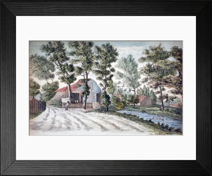 Framed Print : View of farm buildings near a stream in Hackney Wick, London, c1795. Artist Framed Print : View of farm buildings near a stream in Hackney Wick, London, c1795. Artist
