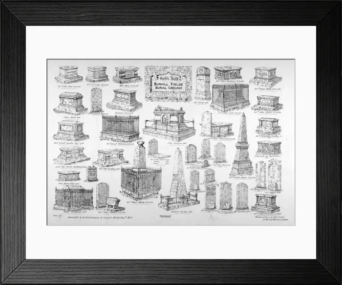Framed Print : Depiction of monuments of notable persons in Bunhill Fields, Finsbury, London, c1860 Framed Print : Depiction of monuments of notable persons in Bunhill Fields, Finsbury, London, c1860