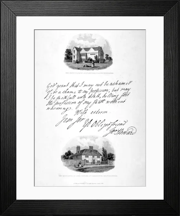 Framed Print : Two vignettes relating to the 18th century philanthopist and prison reformer John Howard, 1836