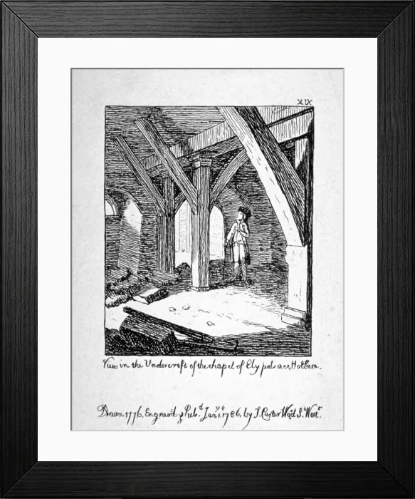 Framed Print : View in the undercroft of the Church of St Etheldreda, Ely Place, Holborn, London, 1786