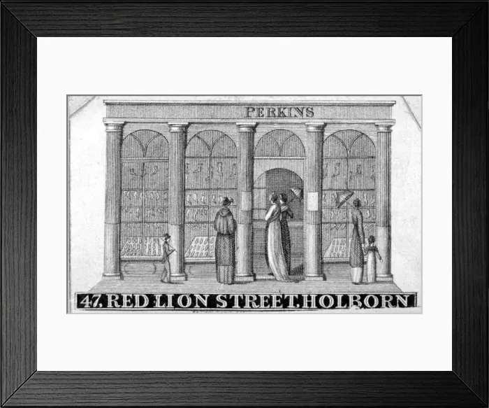 Framed Print : Shop front of Perkins ladies shoe shop at 47 Red Lion Street, Holborn, London, c1820 Framed Print : Shop front of Perkins ladies shoe shop at 47 Red Lion Street, Holborn, London, c1820