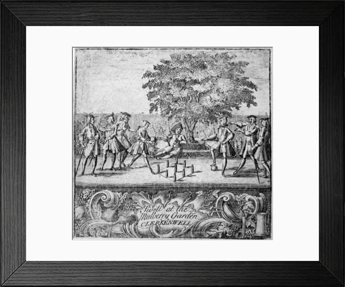 Framed Print : Men playing swill at Mulberry Garden, Clerkenwell, London, c1750 Framed Print : Men playing swill at Mulberry Garden, Clerkenwell, London, c1750