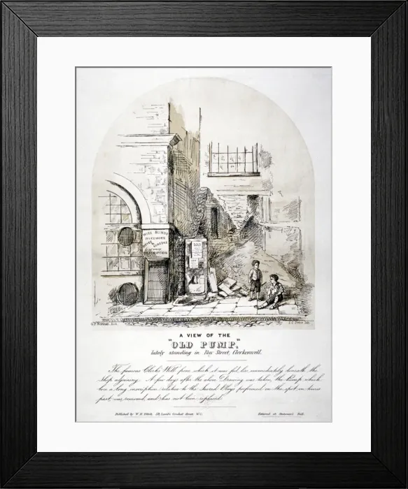 Framed Print : View of Clerks Well pump in Ray Street, Finsbury, London, c1825. Artist Framed Print : View of Clerks Well pump in Ray Street, Finsbury, London, c1825. Artist