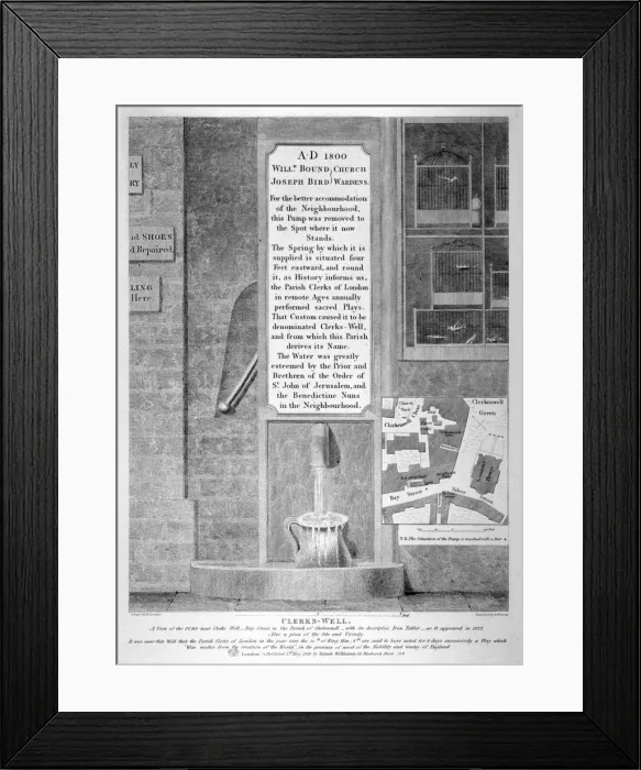 Framed Print : View of the pump near Clerks Well in Ray Street, Finsbury, London, 1822. Artist Framed Print : View of the pump near Clerks Well in Ray Street, Finsbury, London, 1822. Artist