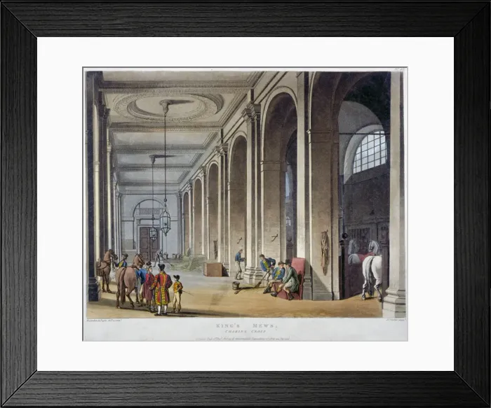 Framed Print : Interior view of the royal stables, Kings Mews, Charing Cross, Westminster, London, 1808 Framed Print : Interior view of the royal stables, Kings Mews, Charing Cross, Westminster, London, 1808