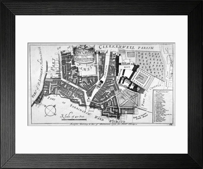 Framed Print : Map of Charterhouse and Cow Cross showing adjoining parishes and wards, London, 1755 Framed Print : Map of Charterhouse and Cow Cross showing adjoining parishes and wards, London, 1755