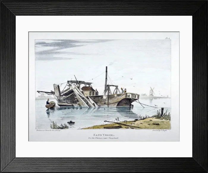 Framed Print : View of a sand vessel on the River Thames at Vauxhall, London, c1820 Framed Print : View of a sand vessel on the River Thames at Vauxhall, London, c1820