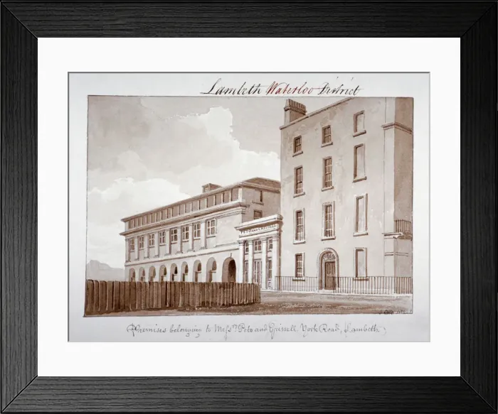Framed Print : Premises belonging to builders Peto and Grissell in York Road, Lambeth, London, 1828 Framed Print : Premises belonging to builders Peto and Grissell in York Road, Lambeth, London, 1828