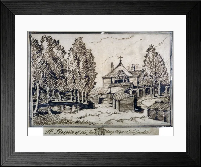 Framed Print : The Jews Harp Public House tea gardens near the top of Portland Place, Marylebone, London, c1800 Framed Print : The Jews Harp Public House tea gardens near the top of Portland Place, Marylebone, London, c1800