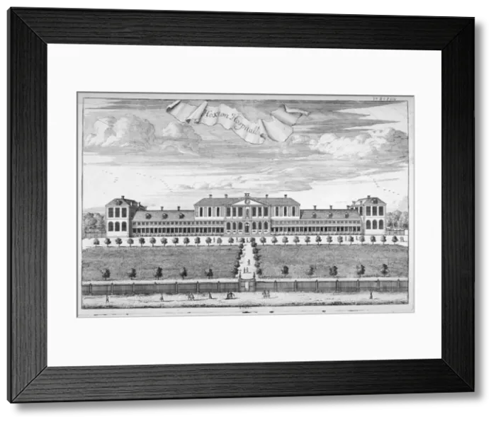 Framed Print : Almshouses in Pitfield Street, Shoreditch, London, c1720. Artist: Johannes Kip Framed Print : Almshouses in Pitfield Street, Shoreditch, London, c1720. Artist: Johannes Kip