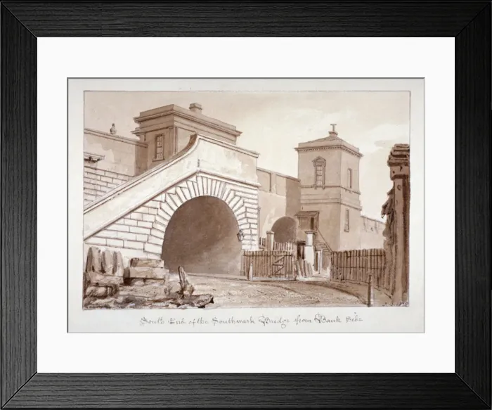 Framed Print : View of the south end of Southwark Bridge from Bankside, Southwark, London, 1828 Framed Print : View of the south end of Southwark Bridge from Bankside, Southwark, London, 1828
