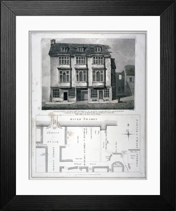 Framed Print : South view of the Falcon Tavern, Bankside, Southwark, London, as it appeared in 1805 (1811) Framed Print : South view of the Falcon Tavern, Bankside, Southwark, London, as it appeared in 1805 (1811)