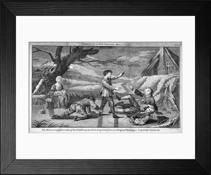 Framed Print : The Humorous Diversion of Sliding on the Ice, c1745. Artist: Benjamin Cole Framed Print : The Humorous Diversion of Sliding on the Ice, c1745. Artist: Benjamin Cole
