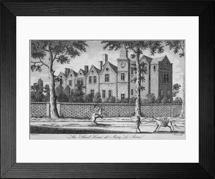 Framed Print : View of the school house at St Marylebone, London, c1780. Artist Framed Print : View of the school house at St Marylebone, London, c1780. Artist
