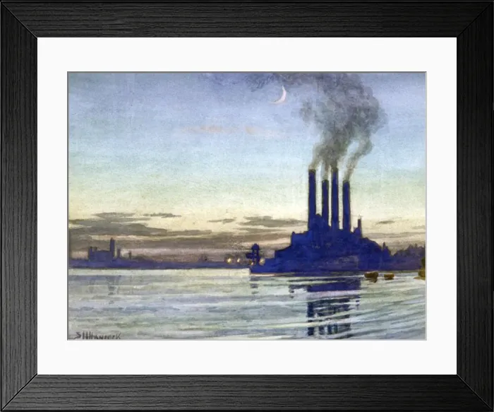Framed Print : Lots Road Power Station - Evening, 20th century. Artist Framed Print : Lots Road Power Station - Evening, 20th century. Artist