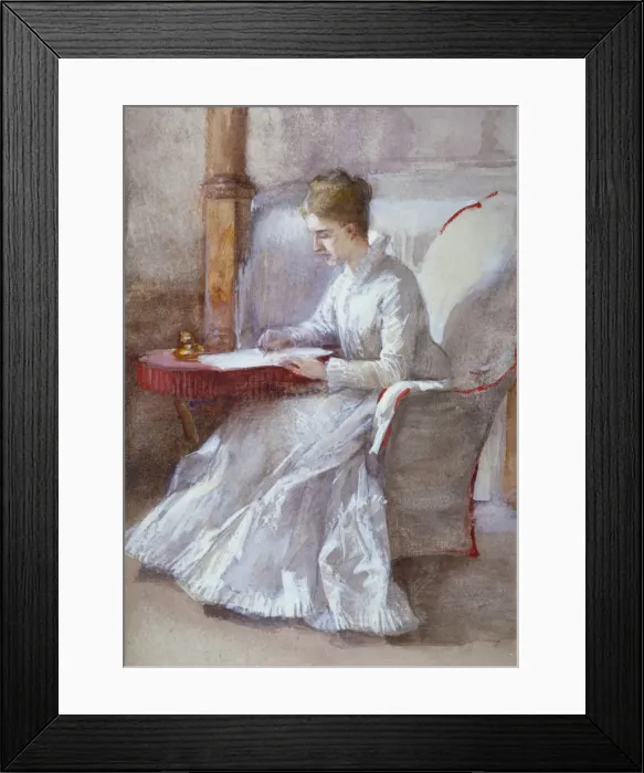 Framed Print : A Woman in White Writing at a Desk, c1864-1930. Artist: Anna Lea Merritt Framed Print : A Woman in White Writing at a Desk, c1864-1930. Artist: Anna Lea Merritt