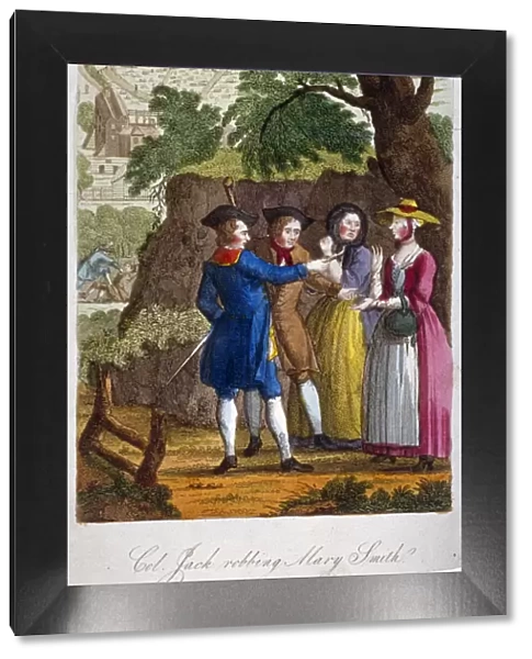 Colonel Jack, the highwayman, robbing Mary Smith on her way to Kentish Town, London, c1750
