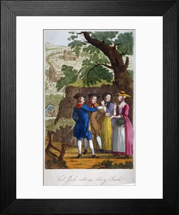 Framed Print : Colonel Jack, the highwayman, robbing Mary Smith on her way to Kentish Town, London, c1750 Framed Print : Colonel Jack, the highwayman, robbing Mary Smith on her way to Kentish Town, London, c1750