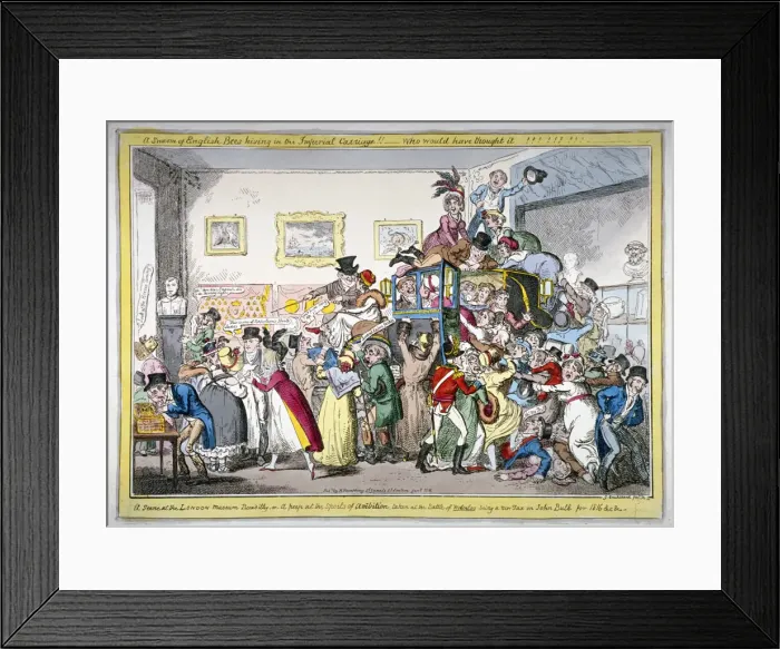 Framed Print : A swarm of English bees hiving in the Imperial carriage!! a scene at the London Museum, 1816 Framed Print : A swarm of English bees hiving in the Imperial carriage!! a scene at the London Museum, 1816
