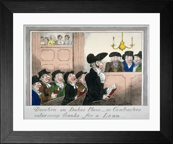 Framed Print : Devotion in Dukes Place or contractors returning thanks for a loan, c1818. Artist Framed Print : Devotion in Dukes Place or contractors returning thanks for a loan, c1818. Artist