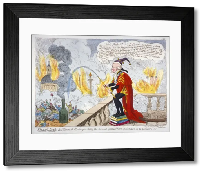 Framed Print : Smoak Jack the alarmist, extinguishing the second Great Fire of London (a la Gulliver)!!!, 1819 Framed Print : Smoak Jack the alarmist, extinguishing the second Great Fire of London (a la Gulliver)!!!, 1819
