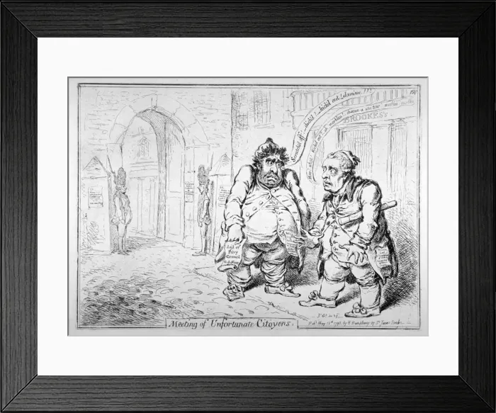 Framed Print : Meeting of unfortunate citoyens, 1798. Artist: James Gillray Framed Print : Meeting of unfortunate citoyens, 1798. Artist: James Gillray