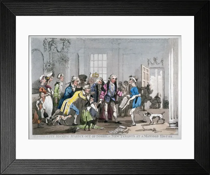 Framed Print : Hospitality kicking Avarice out of doors; or, new tenants at the Mansion House, 1799 Framed Print : Hospitality kicking Avarice out of doors; or, new tenants at the Mansion House, 1799