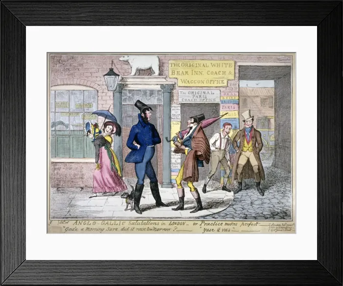 Framed Print : Anglo-Gallic salutations in London, or, practice makes perfect, 1822. Artist Framed Print : Anglo-Gallic salutations in London, or, practice makes perfect, 1822. Artist