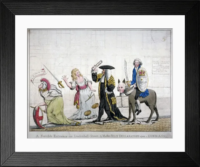 Framed Print : A forcible entrance into Leadenhall-Street; by Master Billy Declaratory upon a Dun d-ass, 1788 Framed Print : A forcible entrance into Leadenhall-Street; by Master Billy Declaratory upon a Dun d-ass, 1788