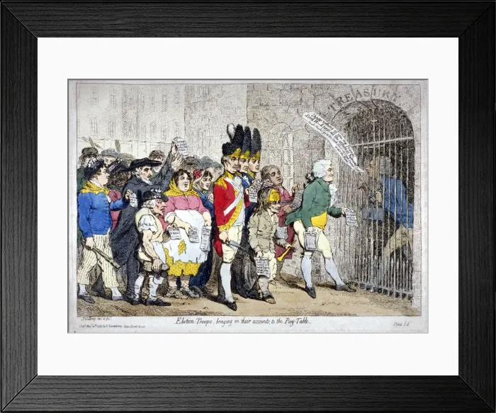 Framed Print : Election-troops, bringing in their accounts, to the pay-table, 1788. Artist Framed Print : Election-troops, bringing in their accounts, to the pay-table, 1788. Artist