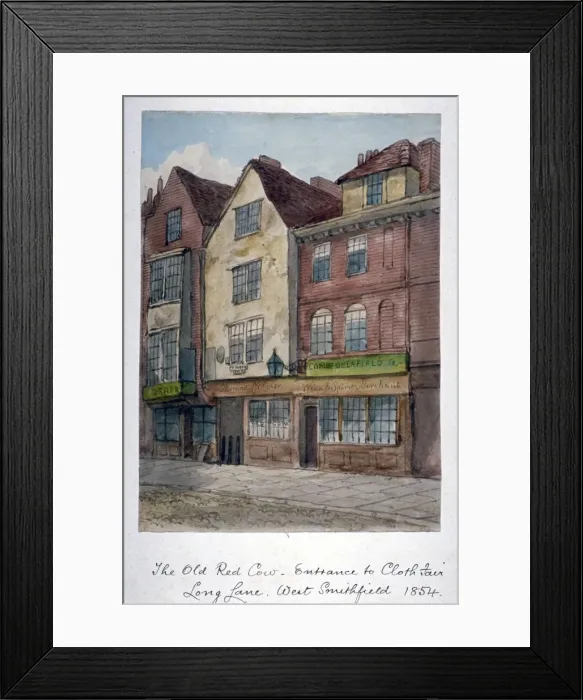 Framed Print : View of the Old Red Cow Inn in Long Lane, Smithfield, City of London, 1854. Artist Framed Print : View of the Old Red Cow Inn in Long Lane, Smithfield, City of London, 1854. Artist