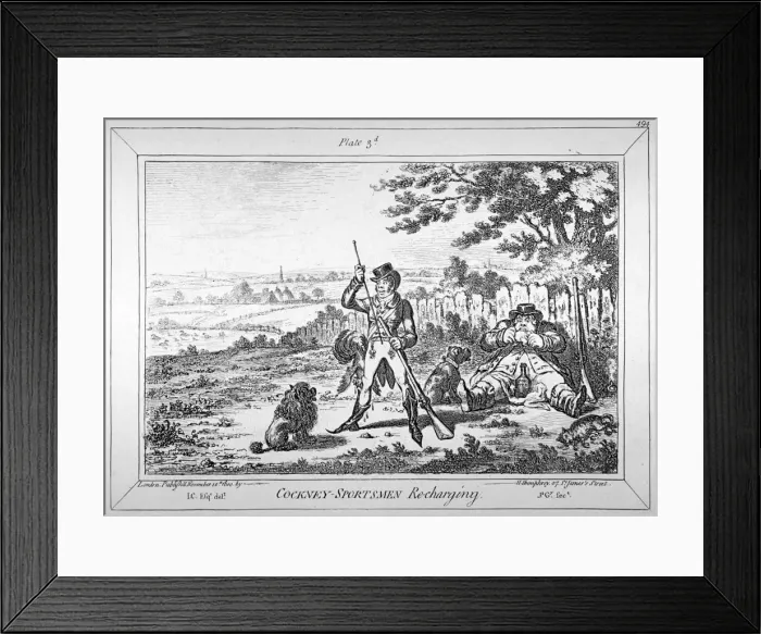 Framed Print : Cockney-sportsmen re-charging, 1800. Artist: James Gillray Framed Print : Cockney-sportsmen re-charging, 1800. Artist: James Gillray