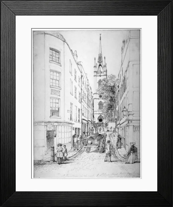 Framed Print : Church of St Dunstan in the East and St Dunstans Hill from Lower Thames Street, London, 1827 Framed Print : Church of St Dunstan in the East and St Dunstans Hill from Lower Thames Street, London, 1827