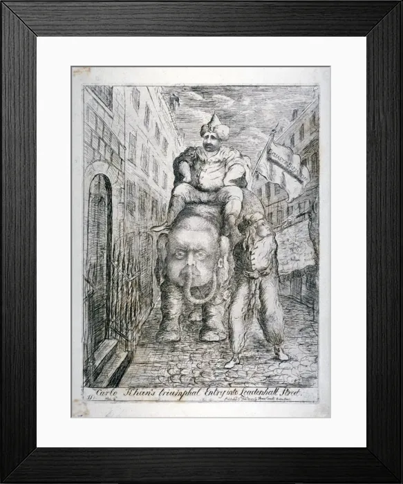 Framed Print : Carlo Khans triumphal entry into Leadenhall Street, 1783. Artist: James Sayers Framed Print : Carlo Khans triumphal entry into Leadenhall Street, 1783. Artist: James Sayers