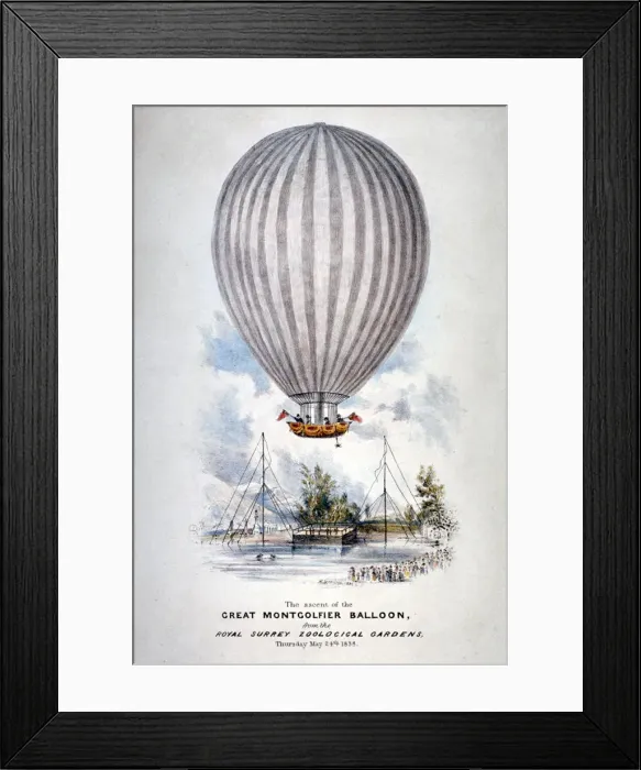 Framed Print : Hot air balloon ascending over Surrey Zoological Gardens, Southwark, London, 1838 Framed Print : Hot air balloon ascending over Surrey Zoological Gardens, Southwark, London, 1838