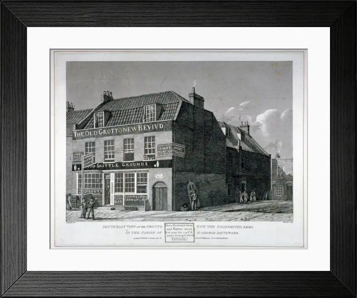 Framed Print : South-east view of the Grotto Inn, St Georges Street, Southwark, London, 1825. Artist Framed Print : South-east view of the Grotto Inn, St Georges Street, Southwark, London, 1825. Artist
