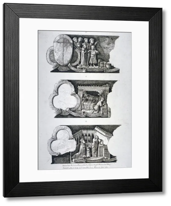 Framed Print : Three bas-reliefs in Edward the Confessors Chapel, Westminster Abbey, London, 1782 Framed Print : Three bas-reliefs in Edward the Confessors Chapel, Westminster Abbey, London, 1782