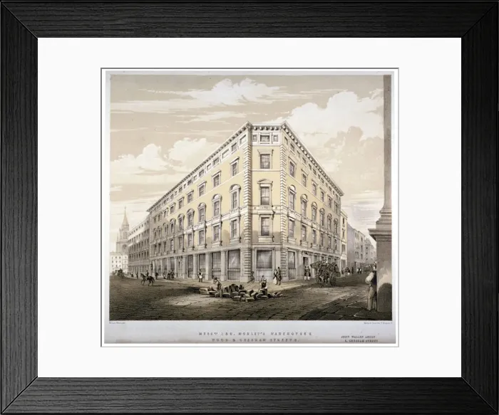 Framed Print : Messrs J&R Morleys warehouses, corner of Wood Street and Gresham Street, London, c1840 Framed Print : Messrs J&R Morleys warehouses, corner of Wood Street and Gresham Street, London, c1840