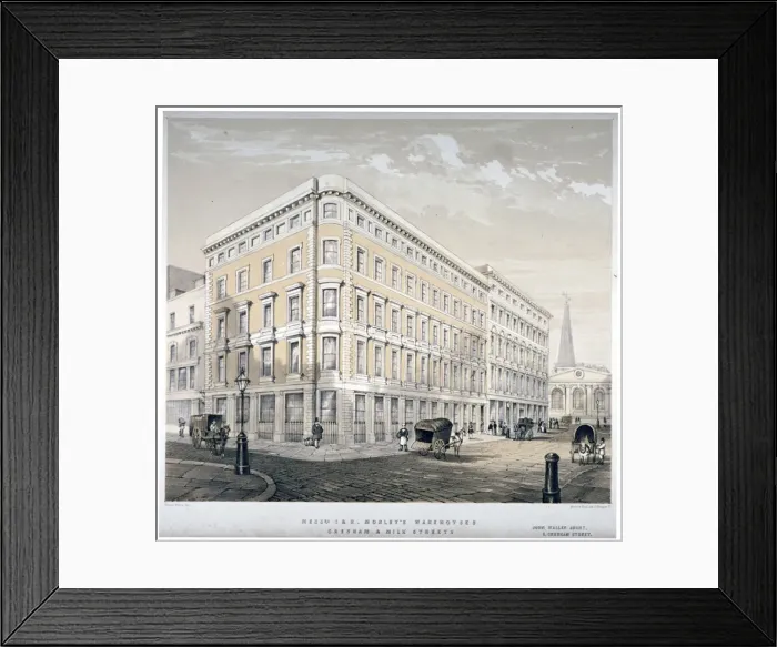 Framed Print : Messrs J&R Morleys warehouses, corner of Milk Street and Gresham Street, London, c1840 Framed Print : Messrs J&R Morleys warehouses, corner of Milk Street and Gresham Street, London, c1840