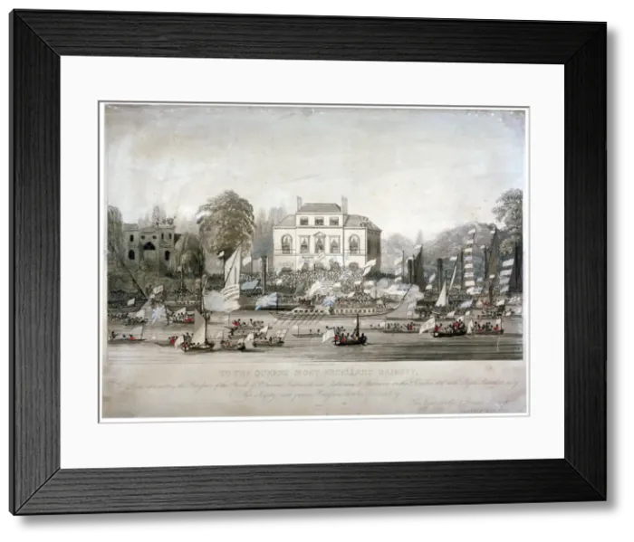 Framed Print : Scene on the Thames at Brandenburgh House, Hammersmith, London, 1820. Artist: F Vincent