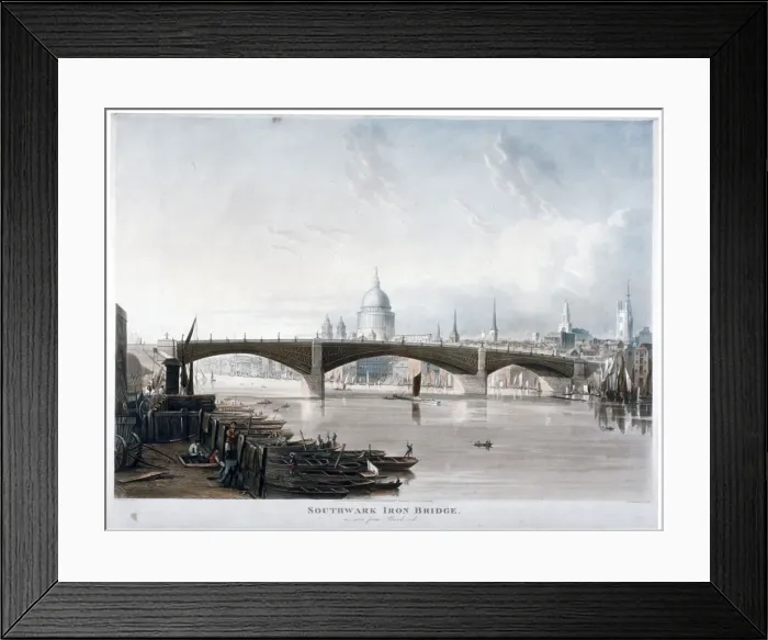 Framed Print : View of Southwark Iron Bridge from Bankside, London, 1819. Artist: Thomas Sutherland Framed Print : View of Southwark Iron Bridge from Bankside, London, 1819. Artist: Thomas Sutherland