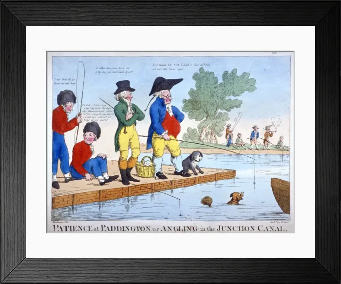 Framed Print : Patience at Paddington, or angling in the Junction Canal, c1800. Artist: Roberts Framed Print : Patience at Paddington, or angling in the Junction Canal, c1800. Artist: Roberts