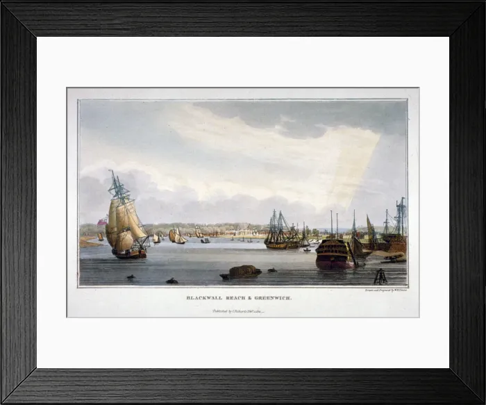 Framed Print : View of water vessels on the River Thames showing Blackwall and Greenwich, London, 1821 Framed Print : View of water vessels on the River Thames showing Blackwall and Greenwich, London, 1821