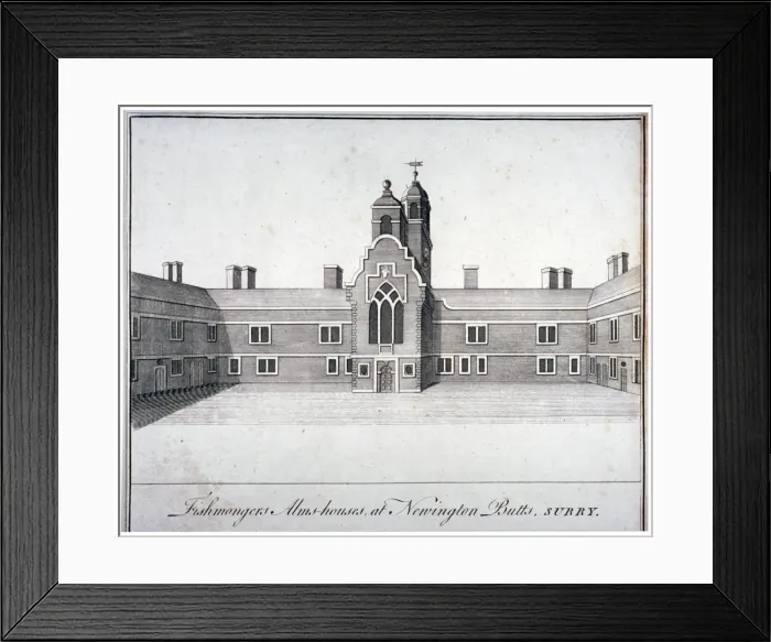 Framed Print : Fishmongers Almshouses at St Peters Hospital, Newington Butts, Southwark, London, c1750 Framed Print : Fishmongers Almshouses at St Peters Hospital, Newington Butts, Southwark, London, c1750