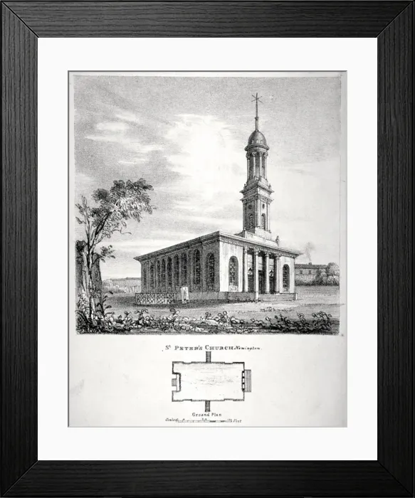 Framed Print : View and ground plan of the Church of St Peter Newington, Southwark, London, 1824 Framed Print : View and ground plan of the Church of St Peter Newington, Southwark, London, 1824